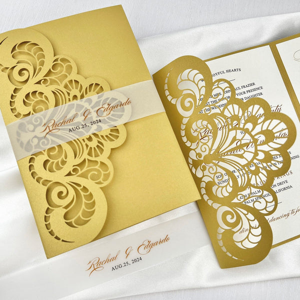 Classic Gold Lace Wedding Invitations, Elegant Yellow and White Laser Cut Invitation, Pocket Invites with Personalized Vellum Belly Band Picky Bride 