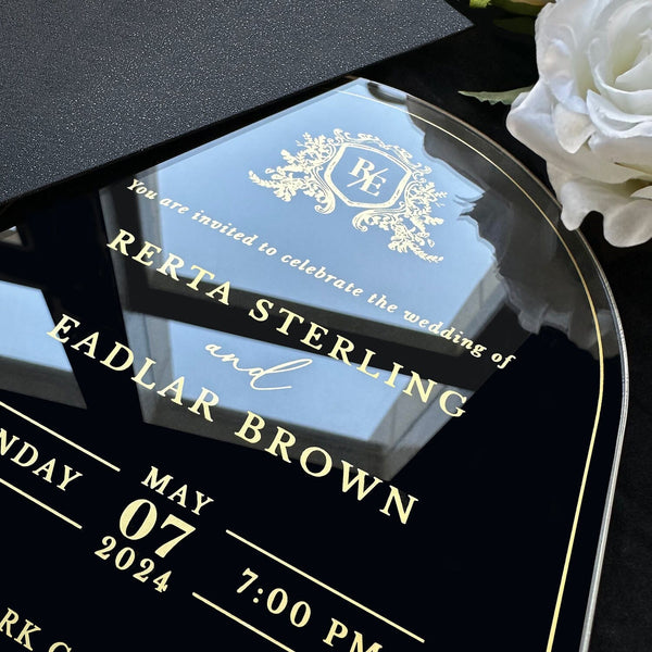 Clear Acrylic Wedding Invitation with Black Envelope, Luxury Transparent Invites, Customized Arch Gold Ink Invitations Wedding Ceremony Supplies Picky Bride 