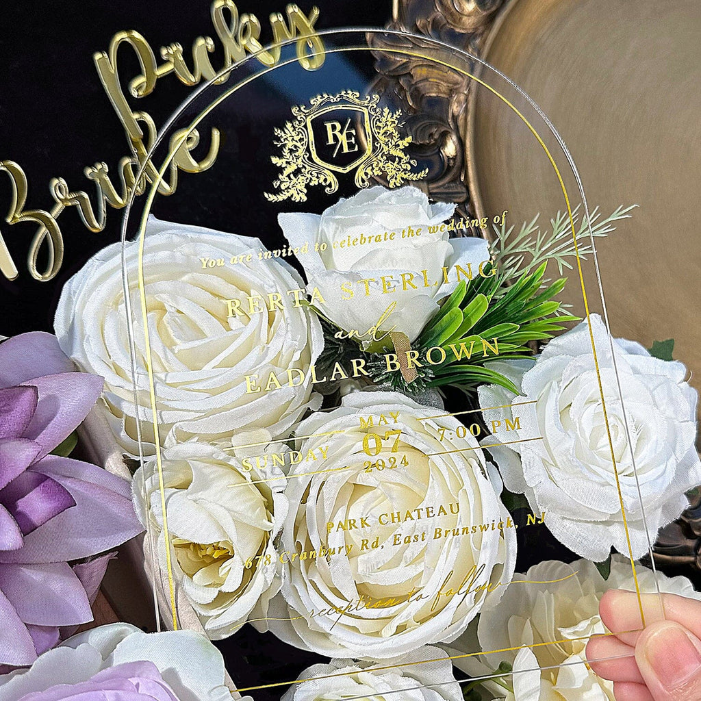 Clear Acrylic Wedding Invitation with Black Envelope, Luxury Transparent Invites, Customized Arch Gold Ink Invitations Wedding Ceremony Supplies Picky Bride 