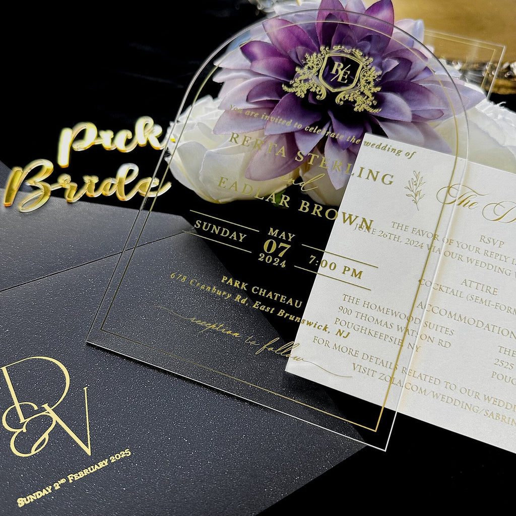 Clear Acrylic Wedding Invitation with Black Envelope, Luxury Transparent Invites, Customized Arch Gold Ink Invitations Wedding Ceremony Supplies Picky Bride 