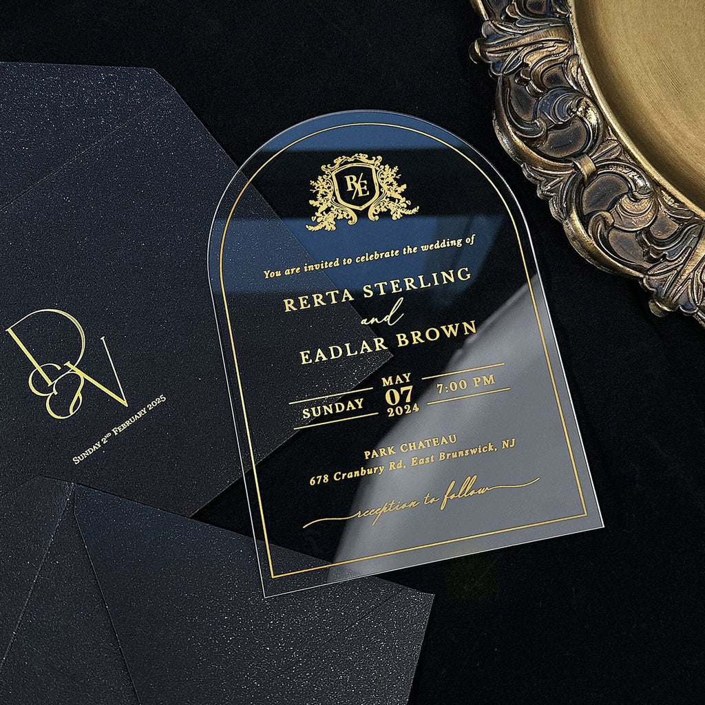 Clear Acrylic Wedding Invitation with Black Envelope, Luxury Transparent Invites, Customized Arch Gold Ink Invitations Wedding Ceremony Supplies Picky Bride 