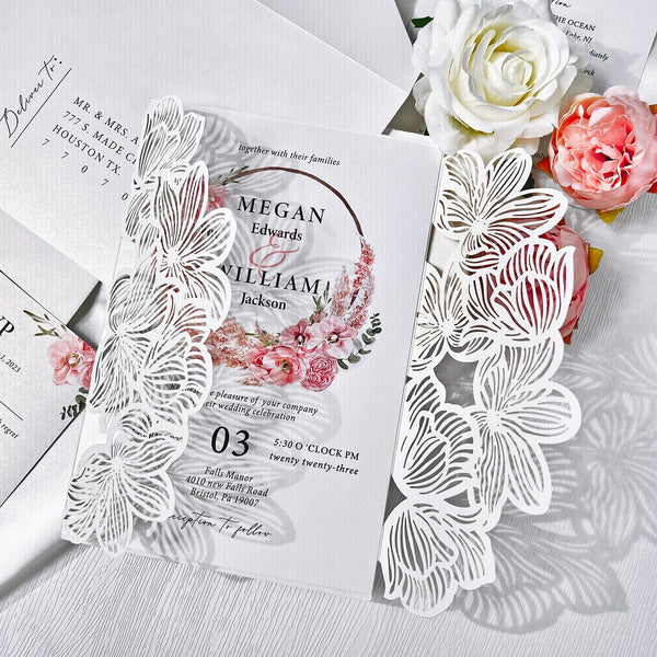 Dusty Pink Wedding Invitations with White Laser Cut Leaves Invitation Covers, Rose Pink Flowers Wedding Invites and RSVP Cards Wedding Ceremony Supplies Picky Bride 