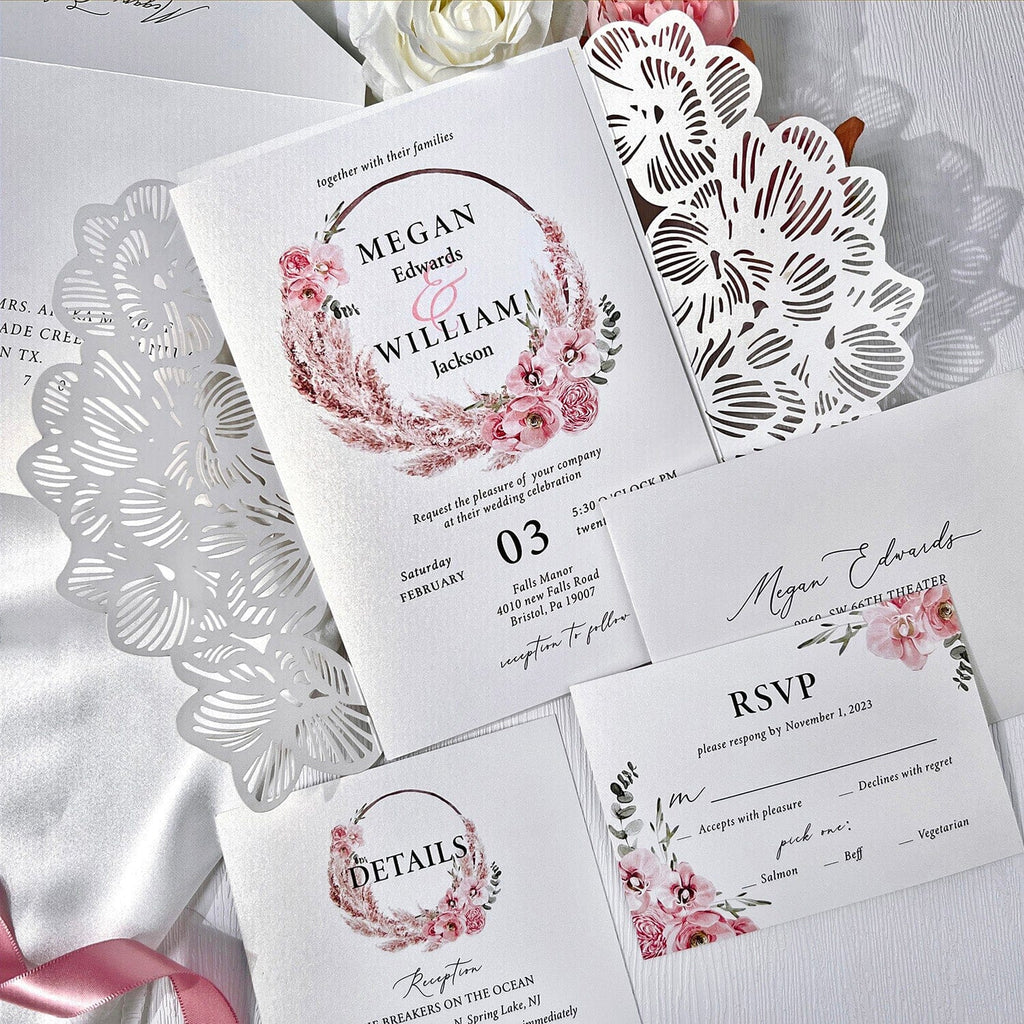 Dusty Pink Wedding Invitations with White Laser Cut Leaves Invitation Covers, Rose Pink Flowers Wedding Invites and RSVP Cards Wedding Ceremony Supplies Picky Bride 