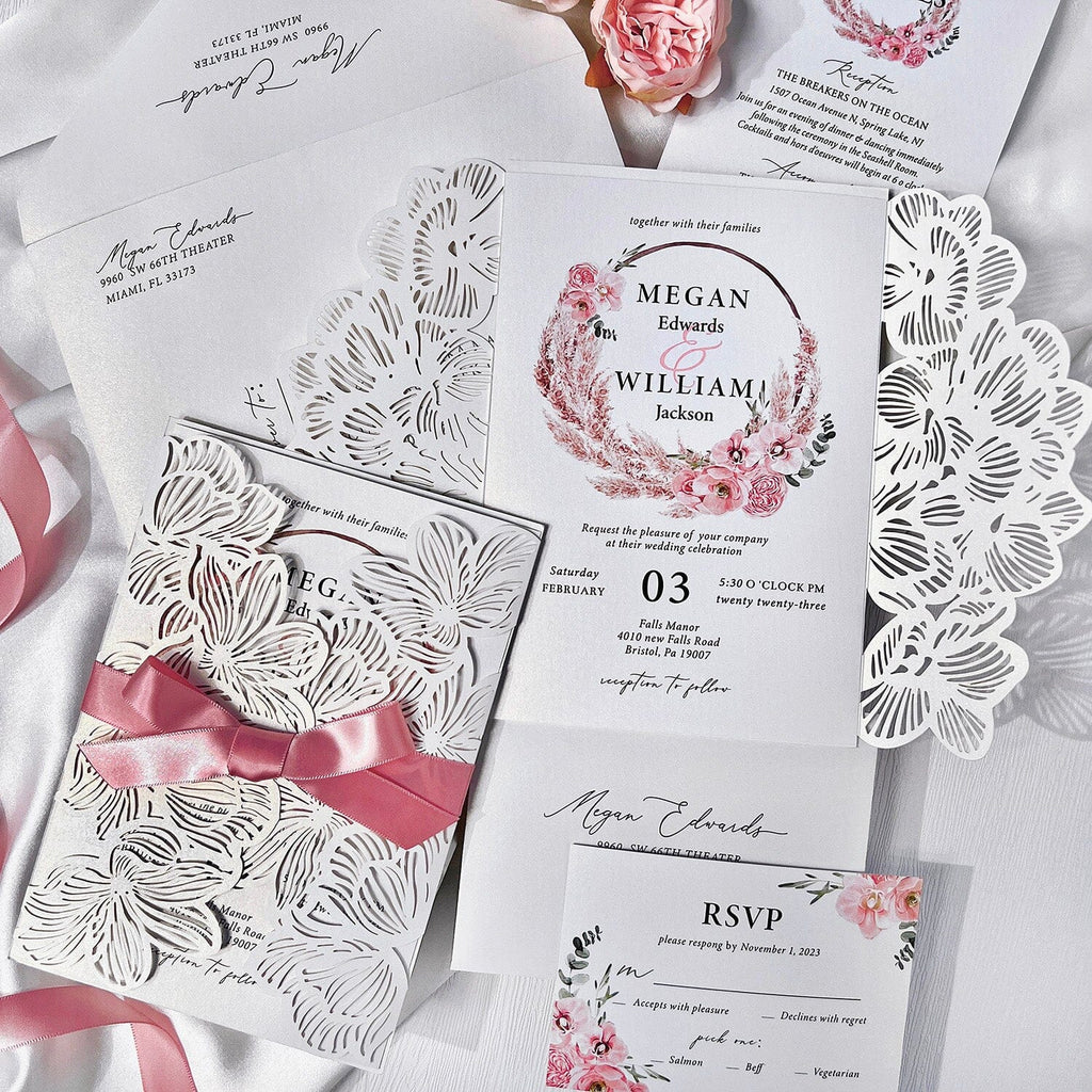 Dusty Pink Wedding Invitations with White Laser Cut Leaves Invitation Covers, Rose Pink Flowers Wedding Invites and RSVP Cards Wedding Ceremony Supplies Picky Bride Invitations + RSVP 
