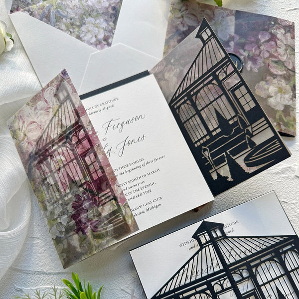 Elegant Black Gate and Floral Laser Cut Wedding Invitation, Watercolor Flowers Vellum Jackets, Customized Black Wax Seals, Colorful Lined Envelopes Wedding Ceremony Supplies Picky Bride 
