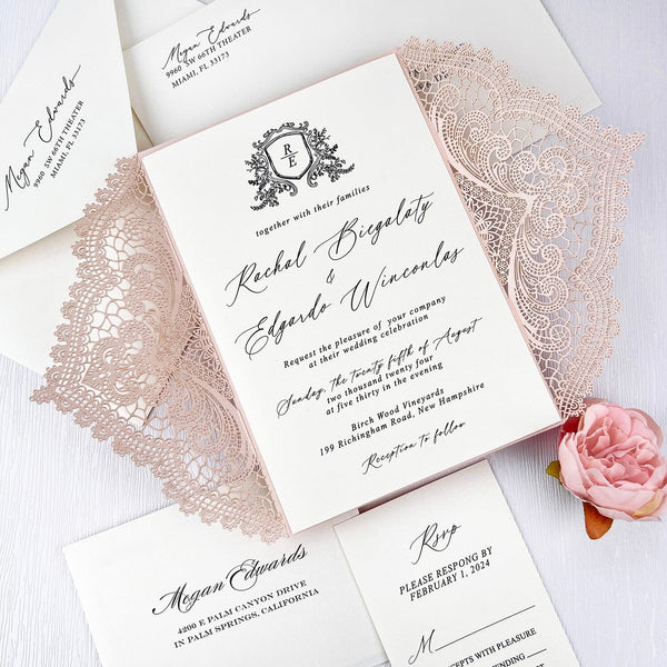 Elegant Blush and Ivory Lace Wedding Invitations, Romantic Pink Fine Art Printed Vellum Wrap Invites, Personalized Gatefold Invitation and Wax Seal Wedding Ceremony Supplies Picky Bride 