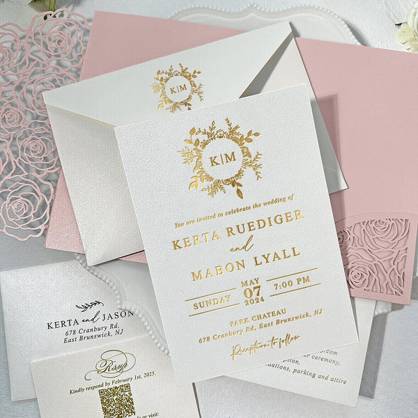 Elegant Blush Pink and Gold Floral Wedding Invitation Set, Romantic Rose Laser Cut Pocket Invites, Gold Foil Botanical Monogram, QR Code RSVP and Detail Cards Wedding Ceremony Supplies Picky Bride 