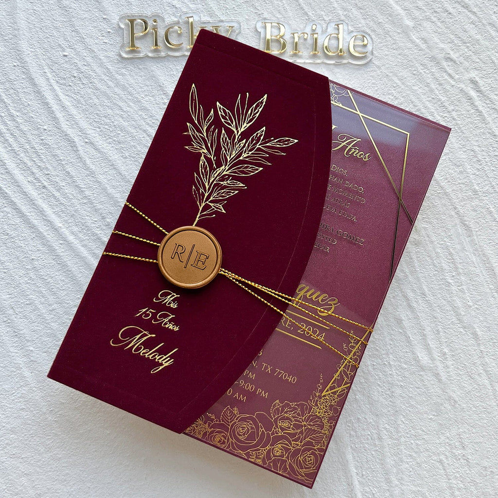 Elegant Burgundy and Gold Acrylic Wedding Invitations, Botanical Gold Foil Velvet Covers and Floral Frame Acrylic Invites, Personalized Wax seal and QR Code RSVP Wedding Ceremony Supplies Picky Bride 
