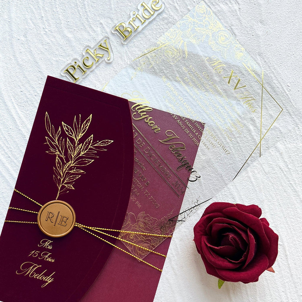Elegant Burgundy and Gold Acrylic Wedding Invitations, Botanical Gold Foil Velvet Covers and Floral Frame Acrylic Invites, Personalized Wax seal and QR Code RSVP Wedding Ceremony Supplies Picky Bride 