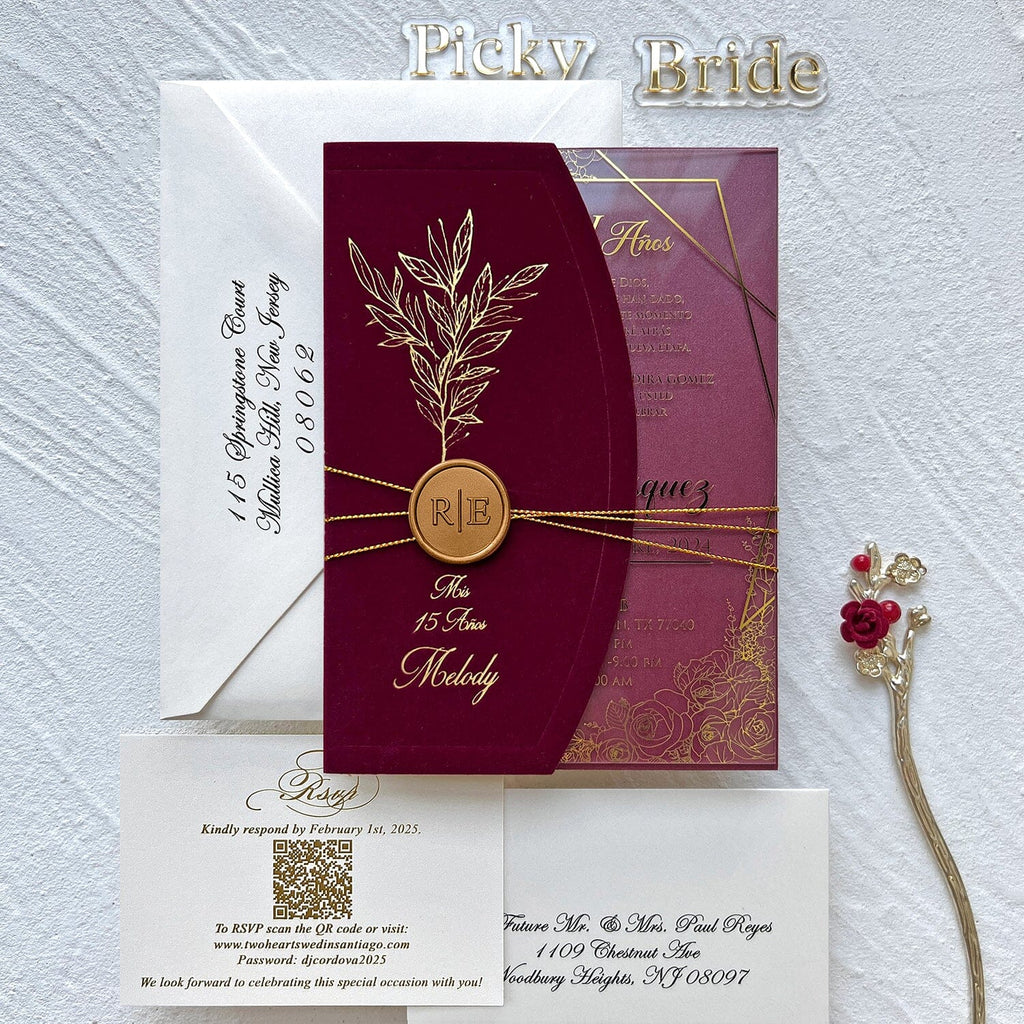 Elegant Burgundy and Gold Acrylic Wedding Invitations, Botanical Gold Foil Velvet Covers and Floral Frame Acrylic Invites, Personalized Wax seal and QR Code RSVP Wedding Ceremony Supplies Picky Bride 