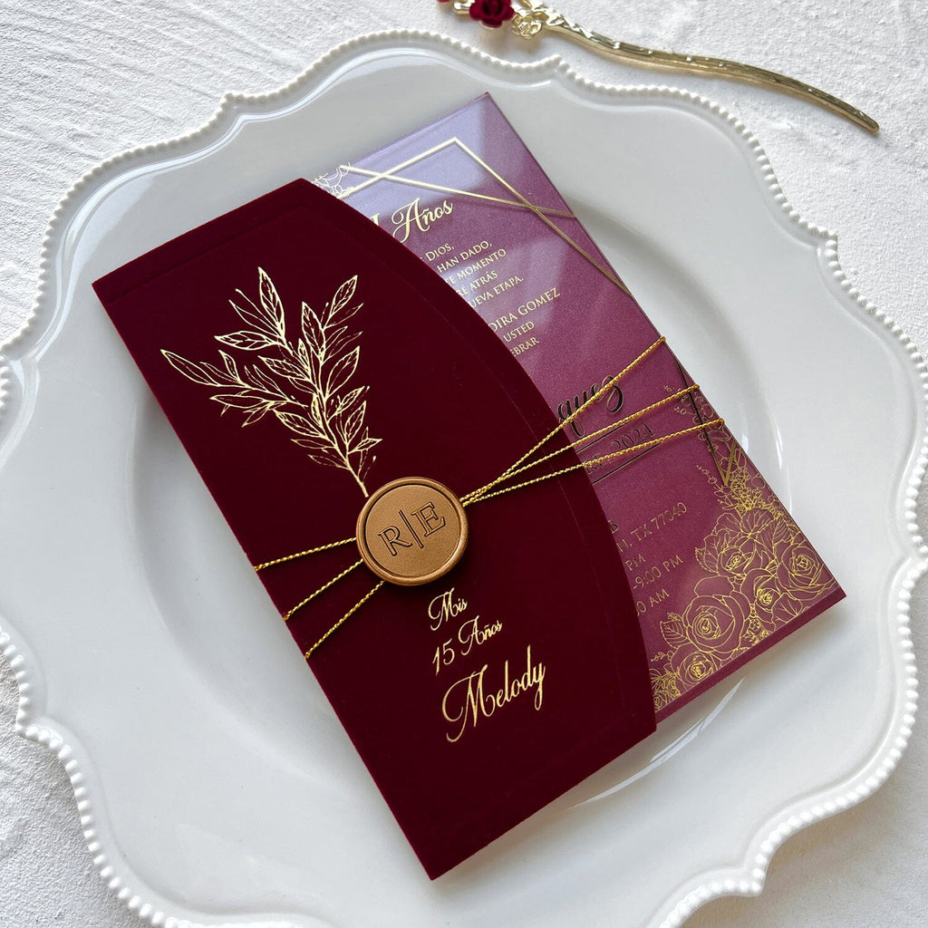 Elegant Burgundy and Gold Acrylic Wedding Invitations, Botanical Gold Foil Velvet Covers and Floral Frame Acrylic Invites, Personalized Wax seal and QR Code RSVP Wedding Ceremony Supplies Picky Bride 