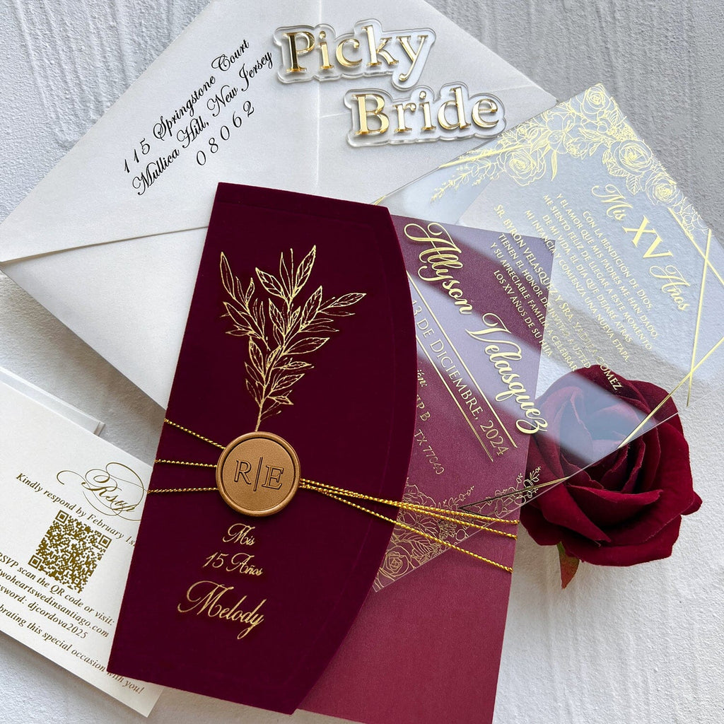 Elegant Burgundy and Gold Acrylic Wedding Invitations, Botanical Gold Foil Velvet Covers and Floral Frame Acrylic Invites, Personalized Wax seal and QR Code RSVP Wedding Ceremony Supplies Picky Bride 