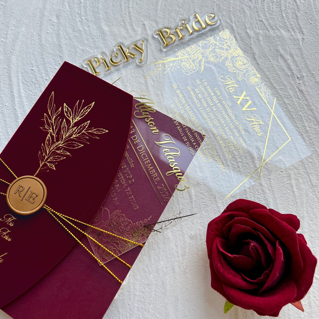 Elegant Burgundy and Gold Acrylic Wedding Invitations, Botanical Gold Foil Velvet Covers and Floral Frame Acrylic Invites, Personalized Wax seal and QR Code RSVP Wedding Ceremony Supplies Picky Bride 