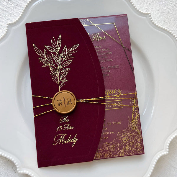 Elegant Burgundy and Gold Acrylic Wedding Invitations, Botanical Gold Foil Velvet Covers and Floral Frame Acrylic Invites, Personalized Wax seal and QR Code RSVP Wedding Ceremony Supplies Picky Bride 