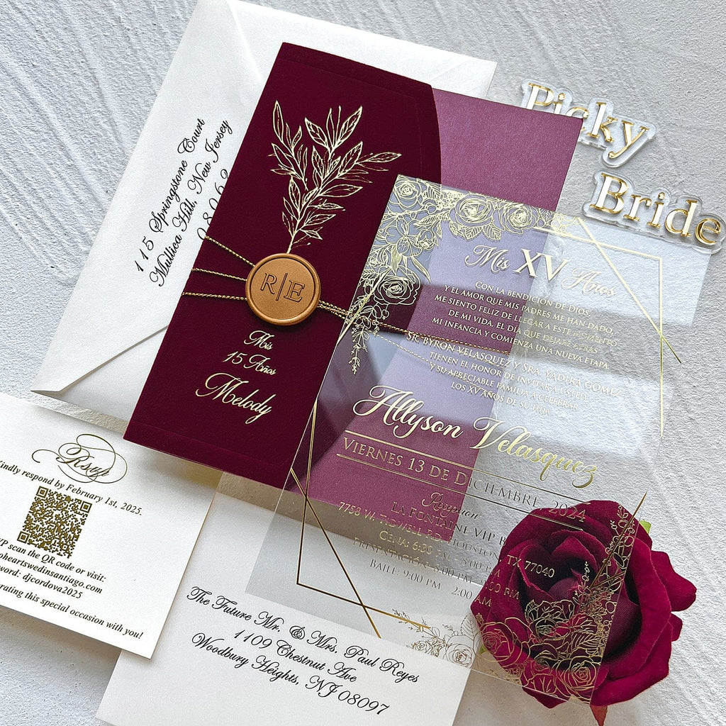Elegant Burgundy and Gold Acrylic Wedding Invitations, Botanical Gold Foil Velvet Covers and Floral Frame Acrylic Invites, Personalized Wax seal and QR Code RSVP Wedding Ceremony Supplies Picky Bride 