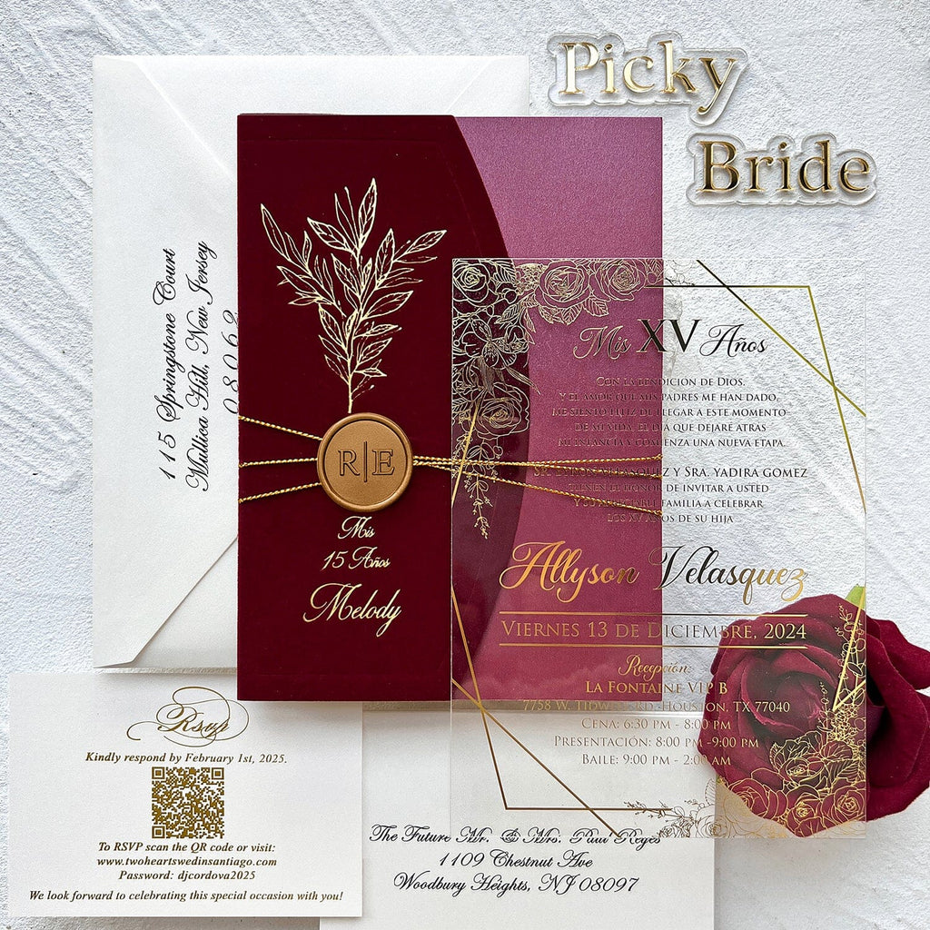 Elegant Burgundy and Gold Acrylic Wedding Invitations, Botanical Gold Foil Velvet Covers and Floral Frame Acrylic Invites, Personalized Wax seal and QR Code RSVP Wedding Ceremony Supplies Picky Bride 