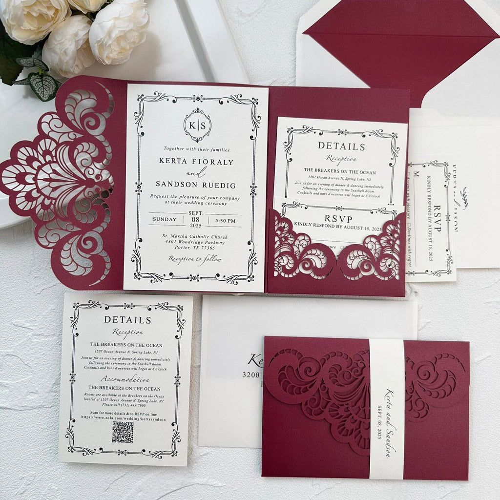 Elegant Burgundy Lace Laser Cut Pocket Wedding Invitation Set, Printed Belly Band, QR Code RSVP, Matched Details Wedding Ceremony Supplies Picky Bride 