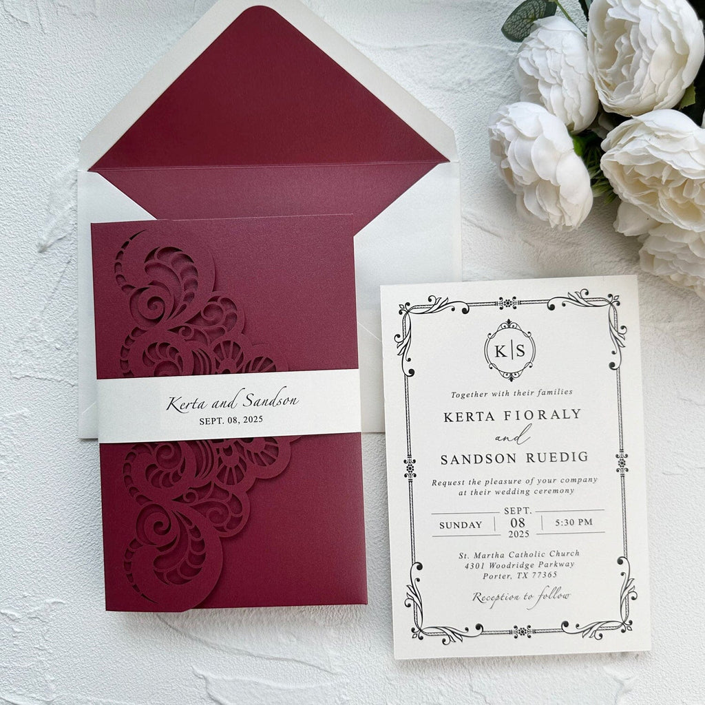 Elegant Burgundy Lace Laser Cut Pocket Wedding Invitation Set, Printed Belly Band, QR Code RSVP, Matched Details Wedding Ceremony Supplies Picky Bride 