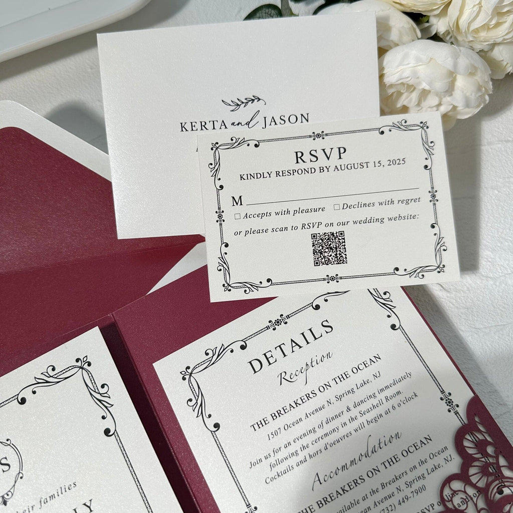 Elegant Burgundy Lace Laser Cut Pocket Wedding Invitation Set, Printed Belly Band, QR Code RSVP, Matched Details Wedding Ceremony Supplies Picky Bride 