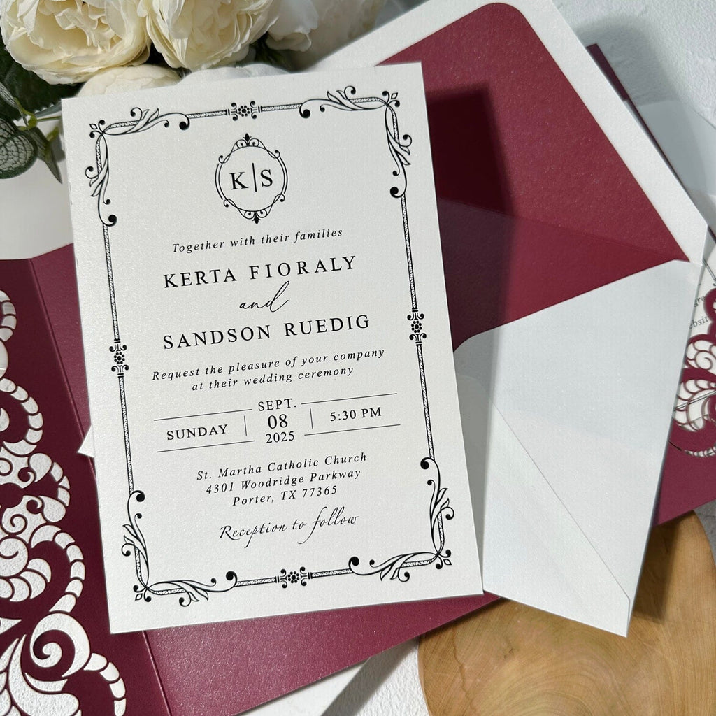 Elegant Burgundy Lace Laser Cut Pocket Wedding Invitation Set, Printed Belly Band, QR Code RSVP, Matched Details Wedding Ceremony Supplies Picky Bride 