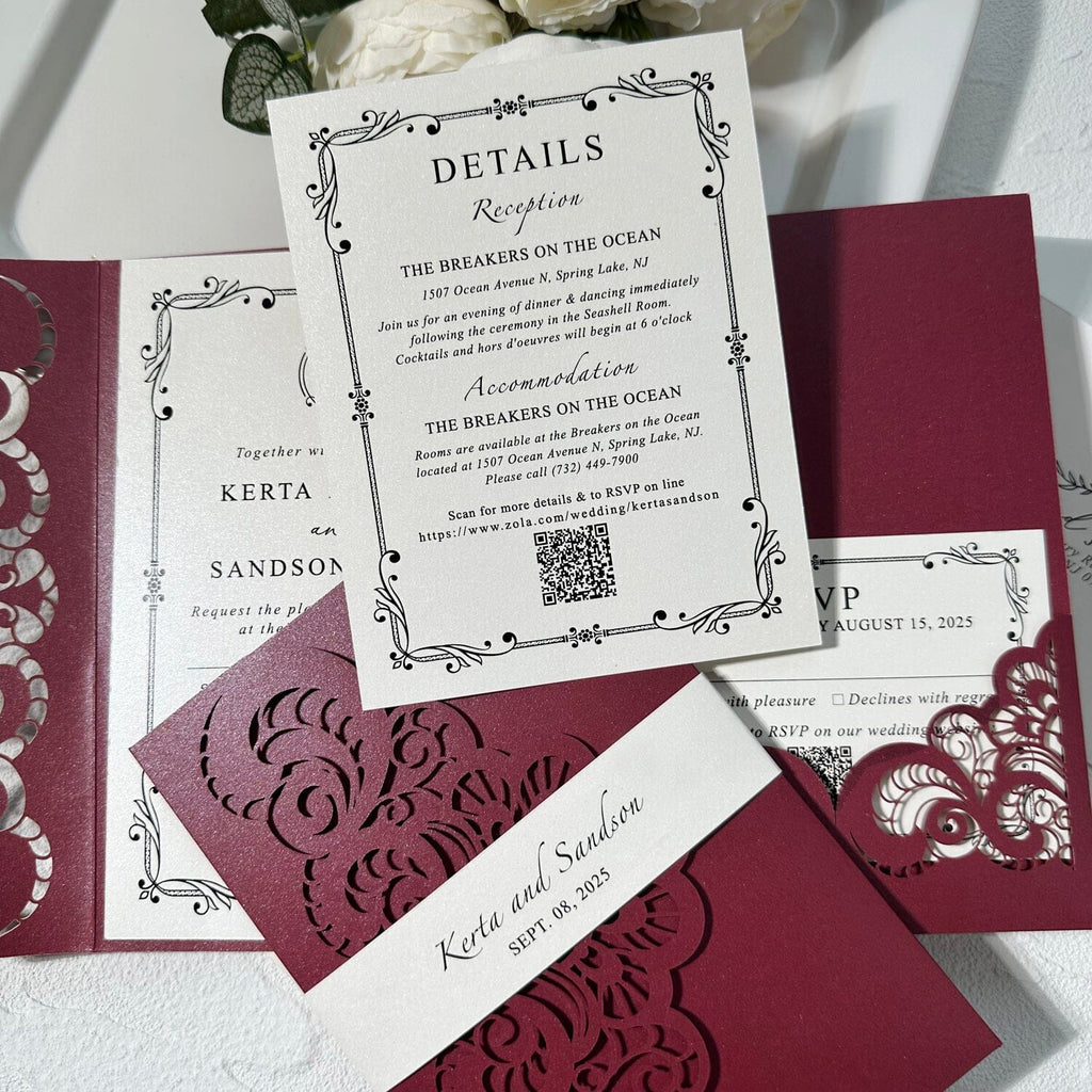 Elegant Burgundy Lace Laser Cut Pocket Wedding Invitation Set, Printed Belly Band, QR Code RSVP, Matched Details Wedding Ceremony Supplies Picky Bride 