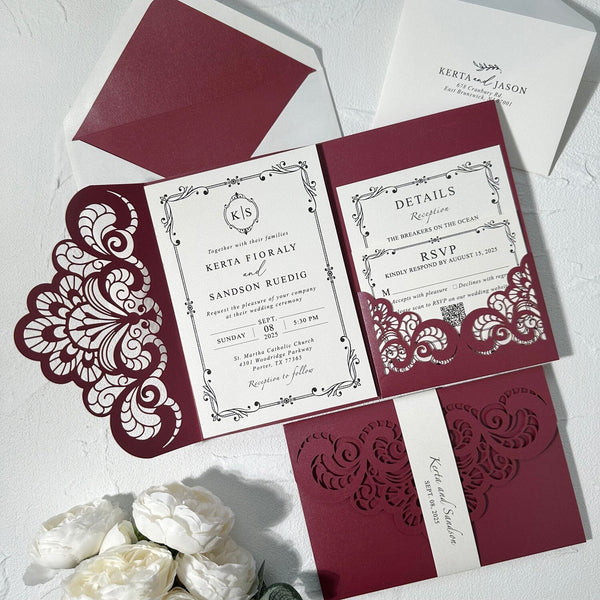 Elegant Burgundy Lace Laser Cut Pocket Wedding Invitation Set, Printed Belly Band, QR Code RSVP, Matched Details Wedding Ceremony Supplies Picky Bride 