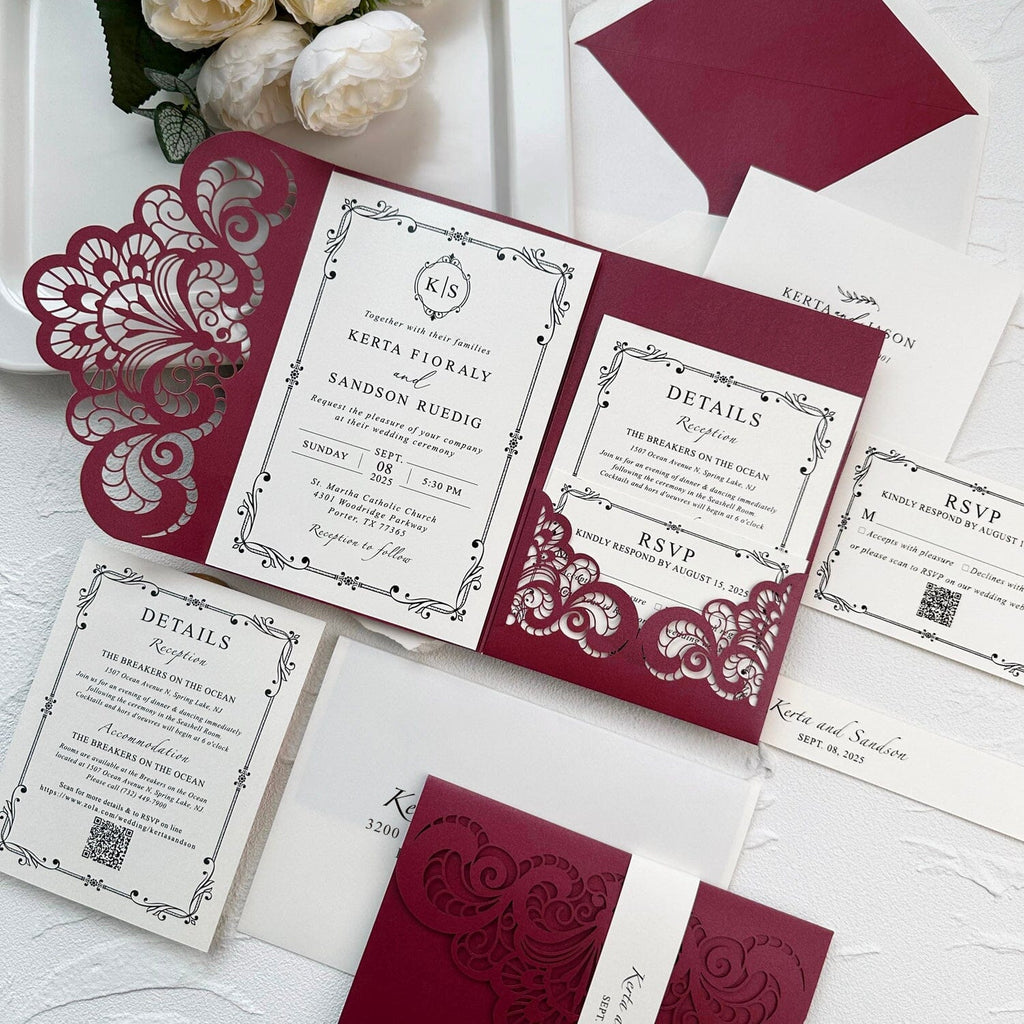 Elegant Burgundy Lace Laser Cut Pocket Wedding Invitation Set, Printed Belly Band, QR Code RSVP, Matched Details Wedding Ceremony Supplies Picky Bride 