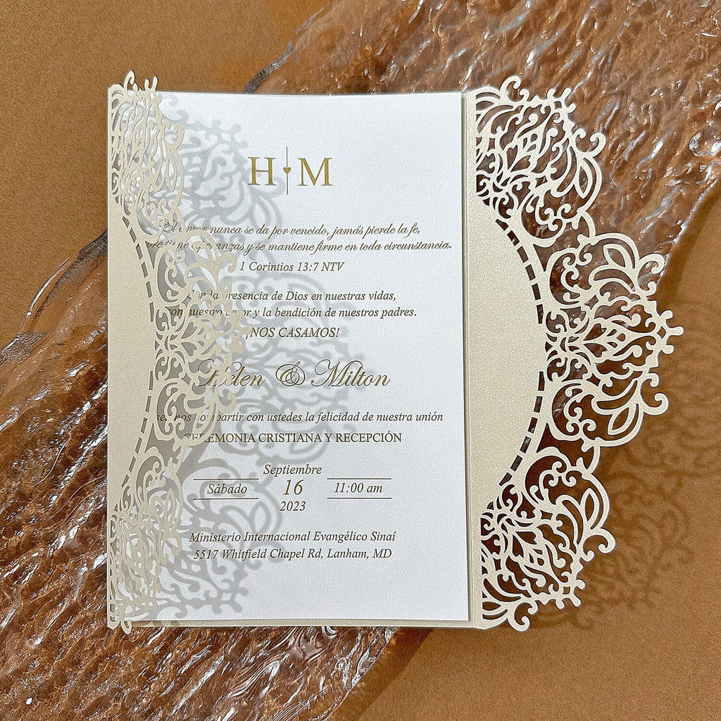 Elegant Champagne Laser Cut Wedding Invitation with RSVP, Gold Foil Printing Wedding Ceremony Supplies Picky Bride 