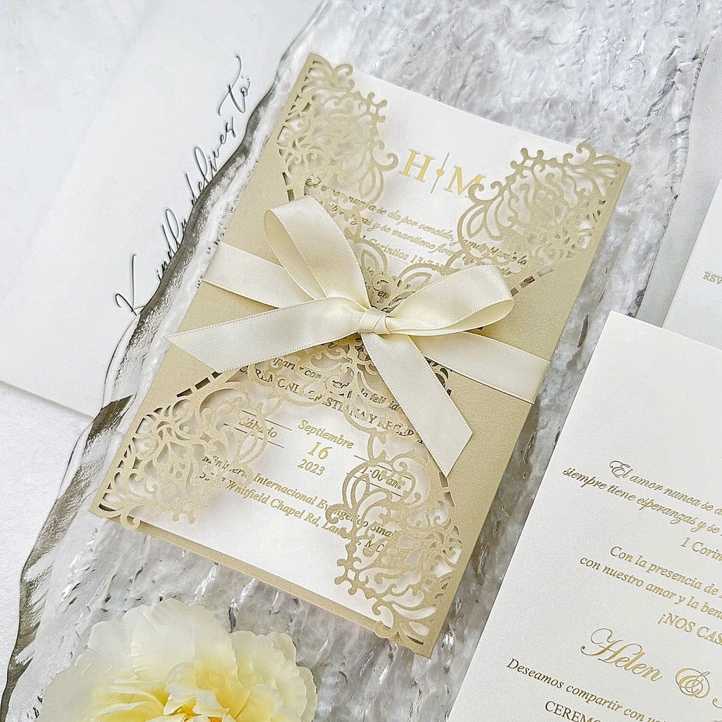 Elegant Champagne Laser Cut Wedding Invitation with RSVP, Gold Foil Printing Wedding Ceremony Supplies Picky Bride 