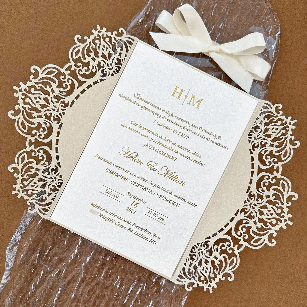 Elegant Champagne Laser Cut Wedding Invitation with RSVP, Gold Foil Printing Wedding Ceremony Supplies Picky Bride 