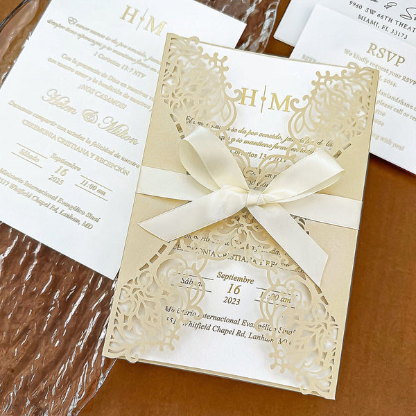 Elegant Champagne Laser Cut Wedding Invitation with RSVP, Gold Foil Printing Wedding Ceremony Supplies Picky Bride 