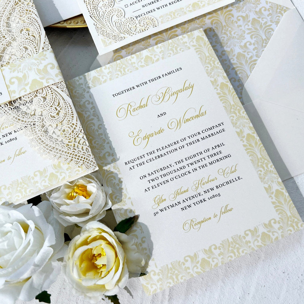 Elegant Damask Wedding Invitation and RSVP, Damask Bridal Shower Invitations, Gold and White Invites for Vintage Damask Wedding Wedding Ceremony Supplies Picky Bride 