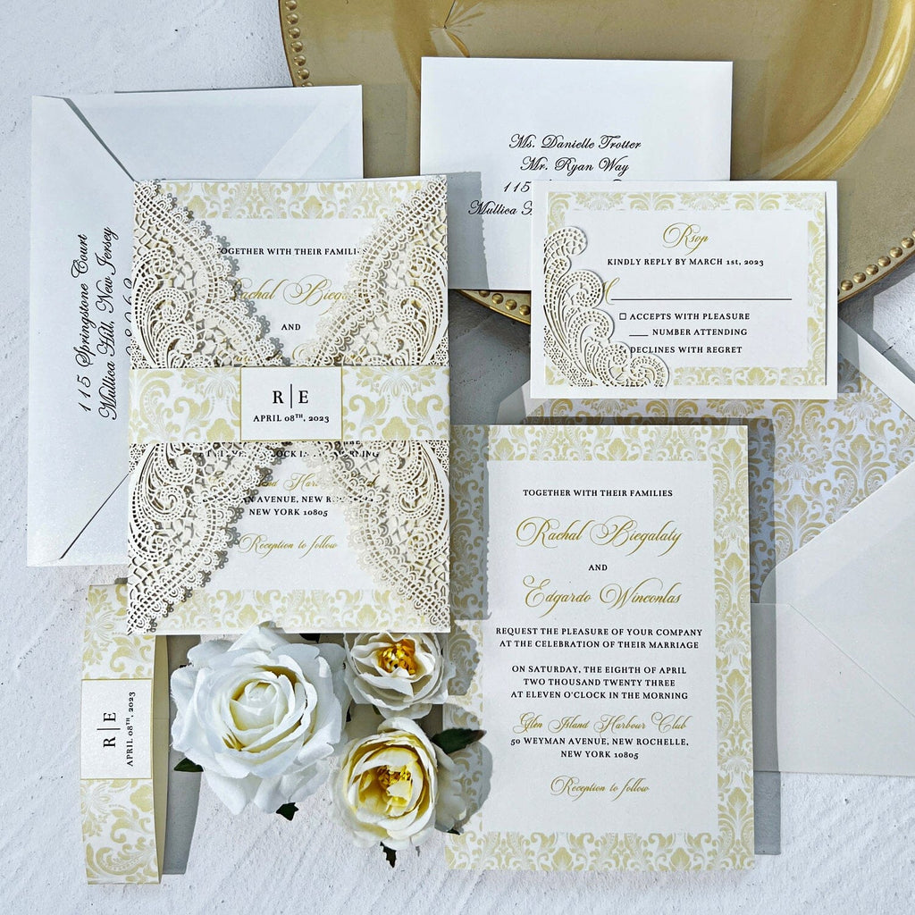 Elegant Damask Wedding Invitation and RSVP, Damask Bridal Shower Invitations, Gold and White Invites for Vintage Damask Wedding Wedding Ceremony Supplies Picky Bride 