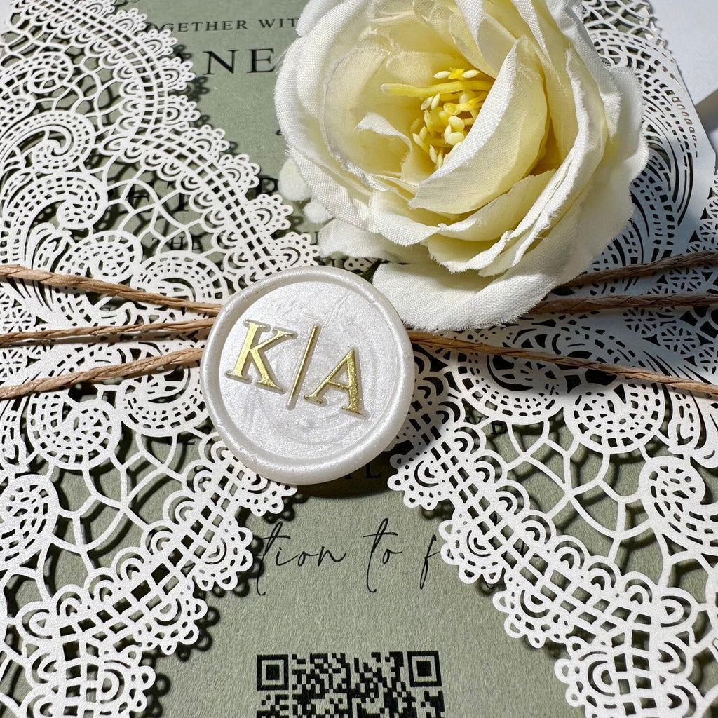 Elegant Green and Ivory Lace Wedding Invitations, Ivory Laser Cut Covers, Sage Green QR Code Invites, Ivory and Gold Wax Seals Wedding Ceremony Supplies Picky Bride 