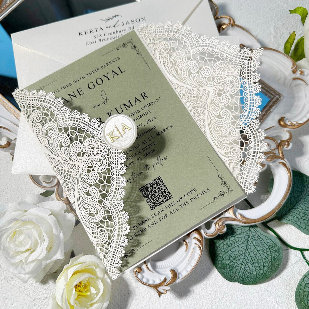Elegant Green and Ivory Lace Wedding Invitations, Ivory Laser Cut Covers, Sage Green QR Code Invites, Ivory and Gold Wax Seals Wedding Ceremony Supplies Picky Bride 