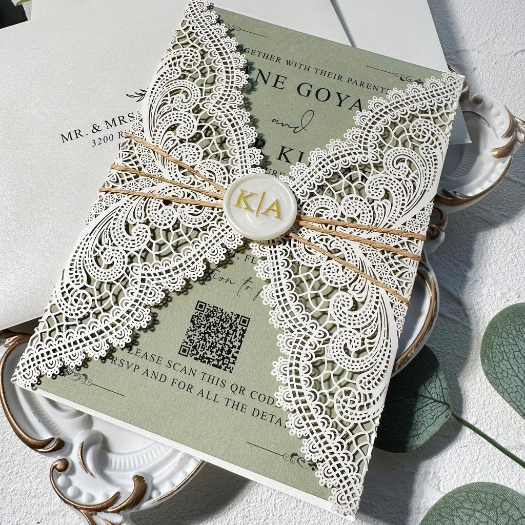 Elegant Green and Ivory Lace Wedding Invitations, Ivory Laser Cut Covers, Sage Green QR Code Invites, Ivory and Gold Wax Seals Wedding Ceremony Supplies Picky Bride 