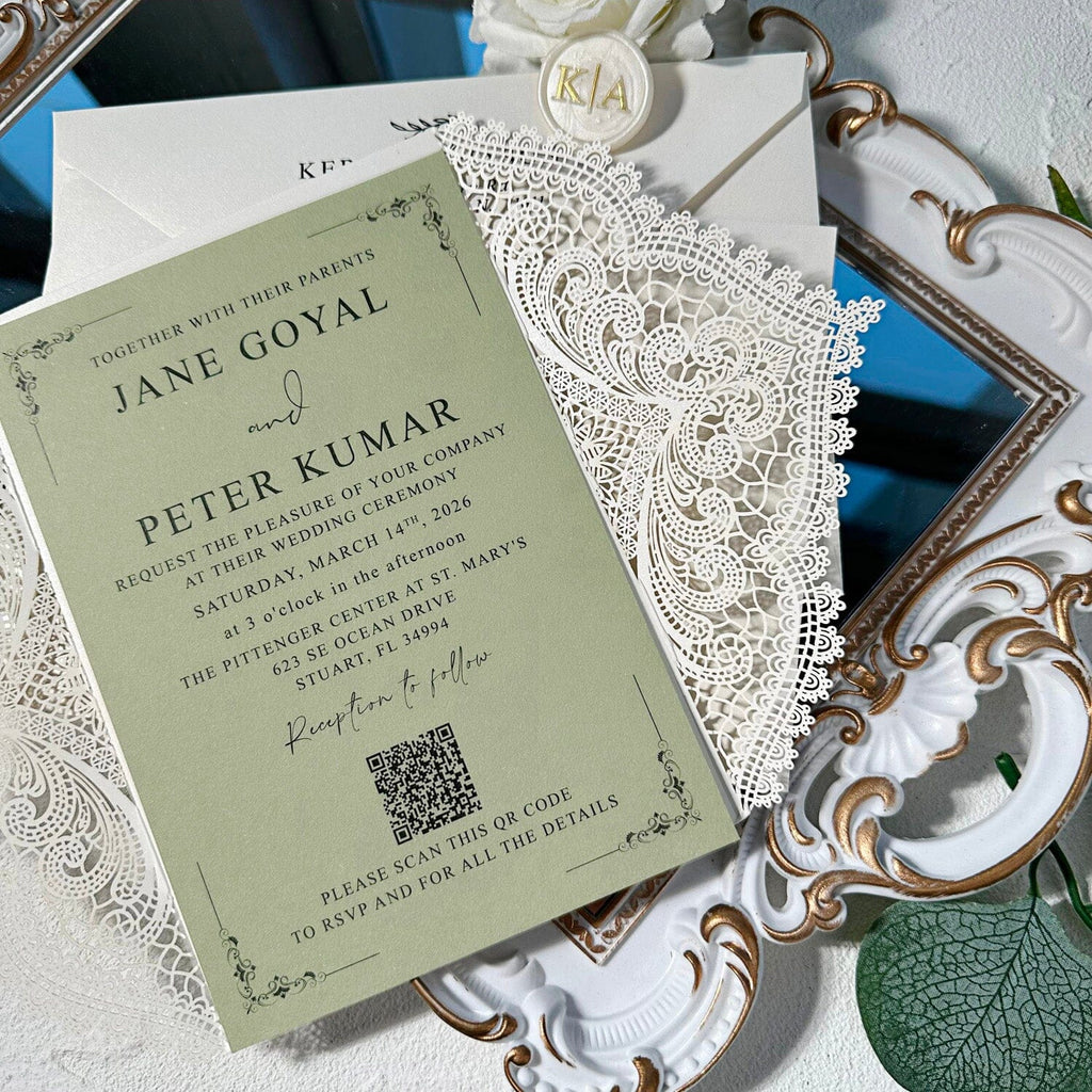Elegant Green and Ivory Lace Wedding Invitations, Ivory Laser Cut Covers, Sage Green QR Code Invites, Ivory and Gold Wax Seals Wedding Ceremony Supplies Picky Bride 