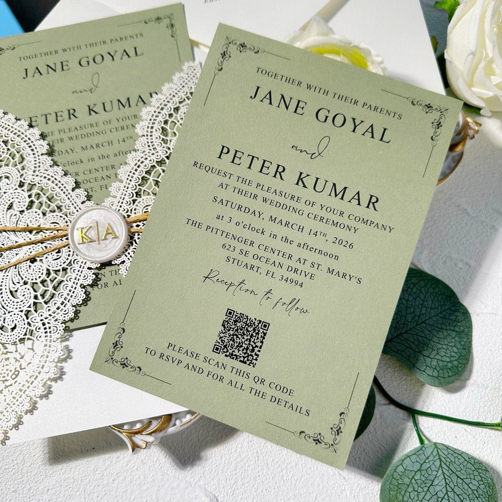 Elegant Green and Ivory Lace Wedding Invitations, Ivory Laser Cut Covers, Sage Green QR Code Invites, Ivory and Gold Wax Seals Wedding Ceremony Supplies Picky Bride 