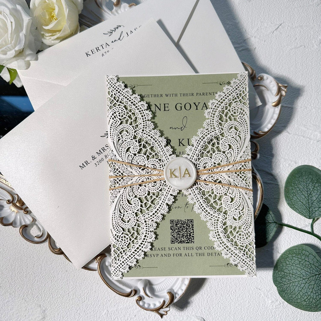 Elegant Green and Ivory Lace Wedding Invitations, Ivory Laser Cut Covers, Sage Green QR Code Invites, Ivory and Gold Wax Seals Wedding Ceremony Supplies Picky Bride 