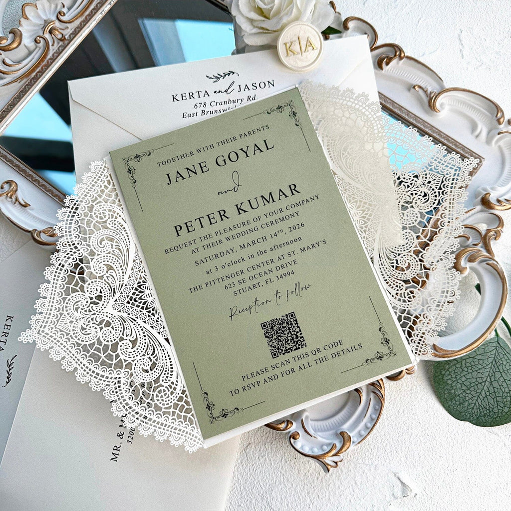 Elegant Green and Ivory Lace Wedding Invitations, Ivory Laser Cut Covers, Sage Green QR Code Invites, Ivory and Gold Wax Seals Wedding Ceremony Supplies Picky Bride 