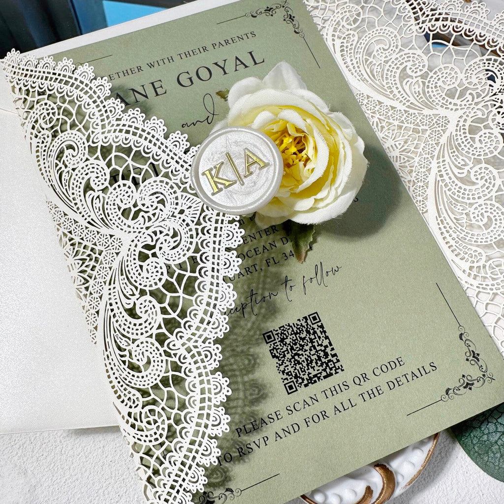 Elegant Green and Ivory Lace Wedding Invitations, Ivory Laser Cut Covers, Sage Green QR Code Invites, Ivory and Gold Wax Seals Wedding Ceremony Supplies Picky Bride 