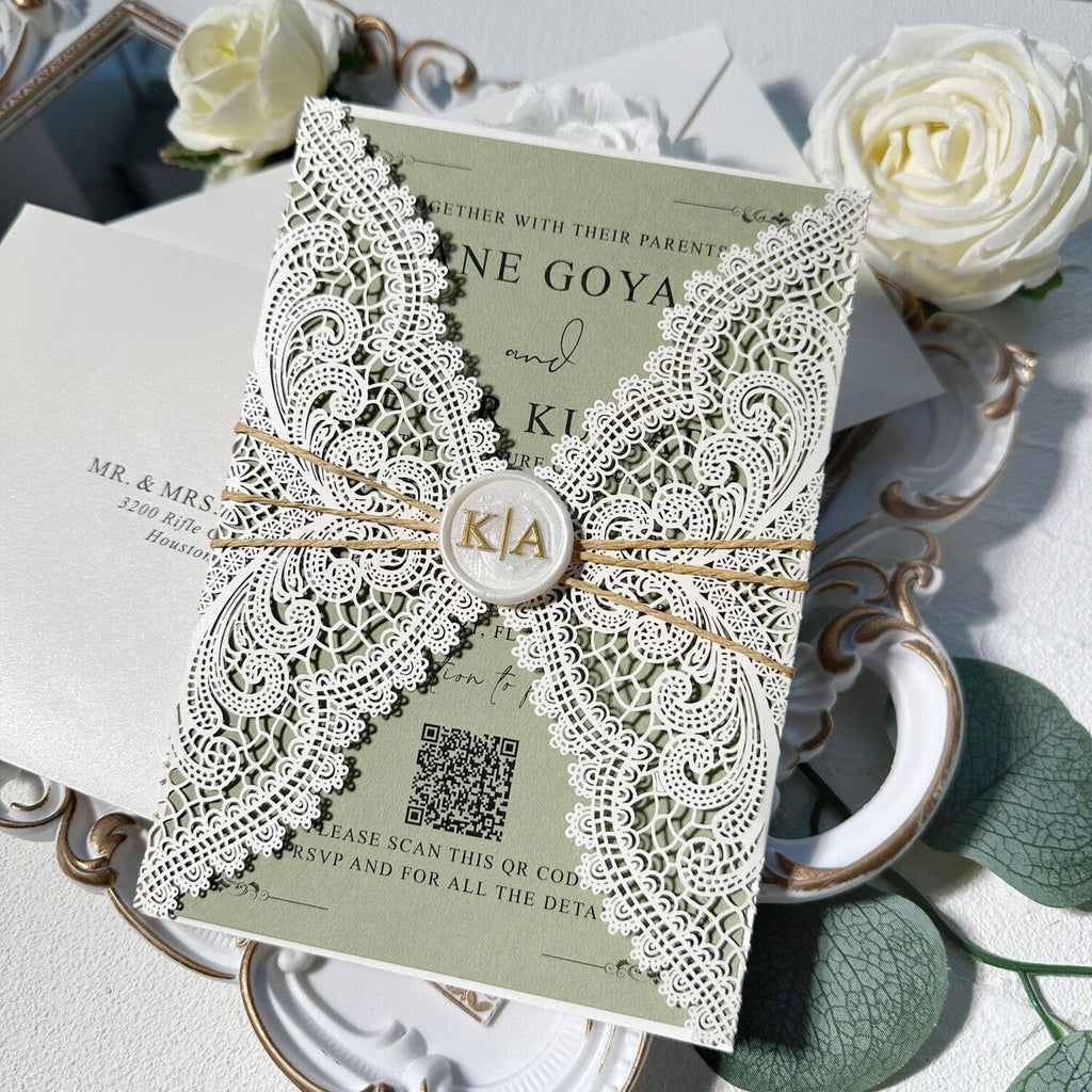 Elegant Green and Ivory Lace Wedding Invitations, Ivory Laser Cut Covers, Sage Green QR Code Invites, Ivory and Gold Wax Seals Wedding Ceremony Supplies Picky Bride 