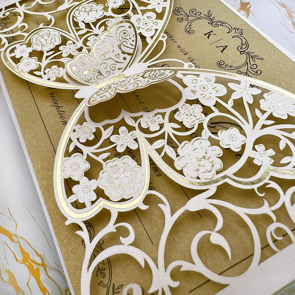 Elegant Ivory and Gold Butterfly Wedding Invitations, Luxury Gold Foil 3D Butterflies Pocket Invites, Personalized Floral Monogram Invitation with RSVP Wedding Ceremony Supplies Picky Bride 