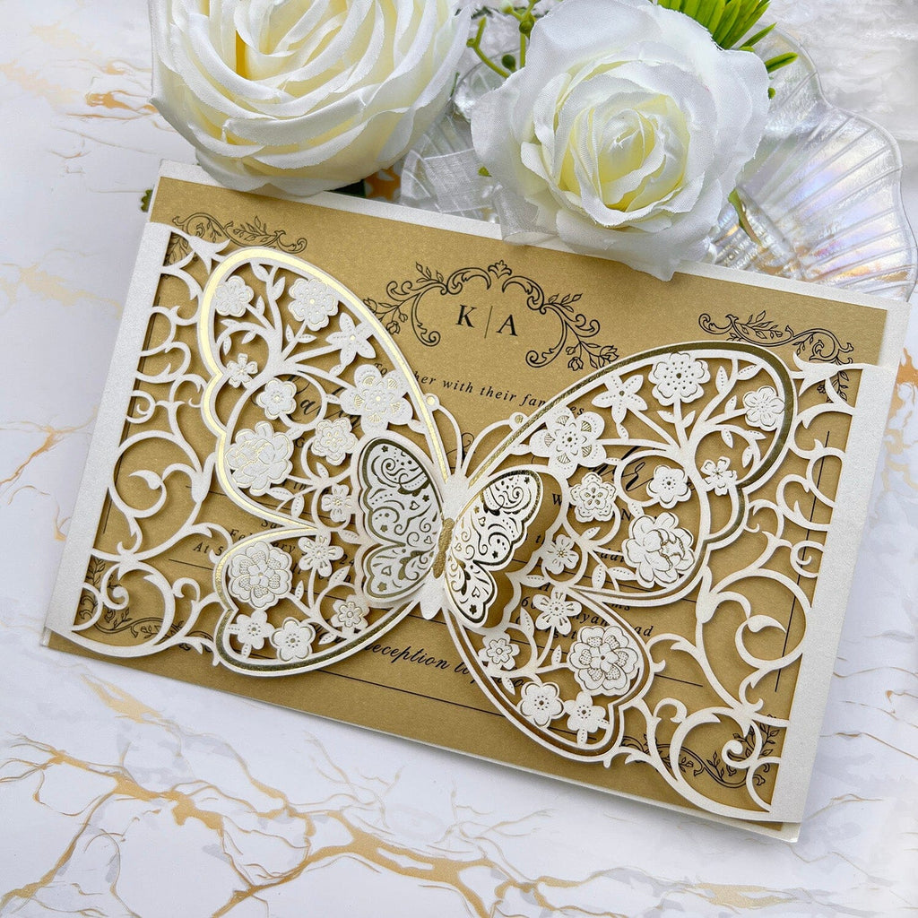 Elegant Ivory and Gold Butterfly Wedding Invitations, Luxury Gold Foil 3D Butterflies Pocket Invites, Personalized Floral Monogram Invitation with RSVP Wedding Ceremony Supplies Picky Bride 