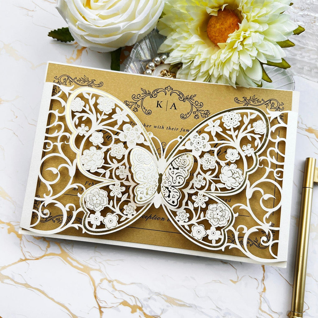 Elegant Ivory and Gold Butterfly Wedding Invitations, Luxury Gold Foil 3D Butterflies Pocket Invites, Personalized Floral Monogram Invitation with RSVP Wedding Ceremony Supplies Picky Bride 