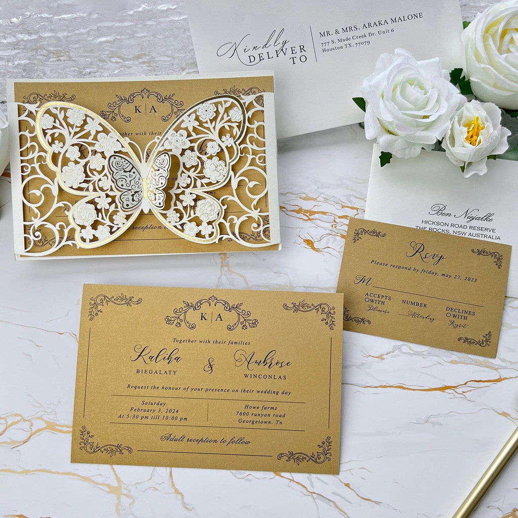 Elegant Ivory and Gold Butterfly Wedding Invitations, Luxury Gold Foil 3D Butterflies Pocket Invites, Personalized Floral Monogram Invitation with RSVP Wedding Ceremony Supplies Picky Bride 