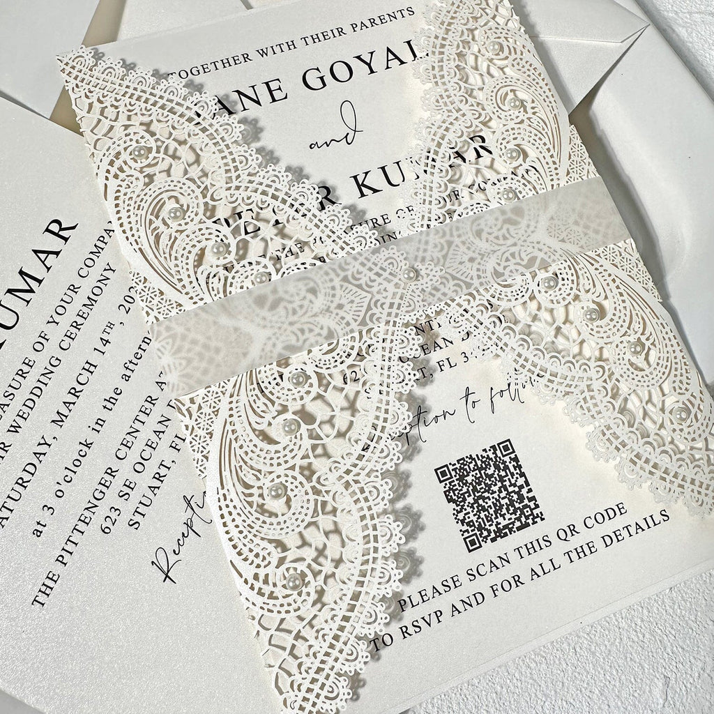 Elegant Ivory Pearl Lace Laser Cut Wedding Invitation, Vellum Belly Bands, QR Code Wedding Ceremony Supplies Picky Bride 