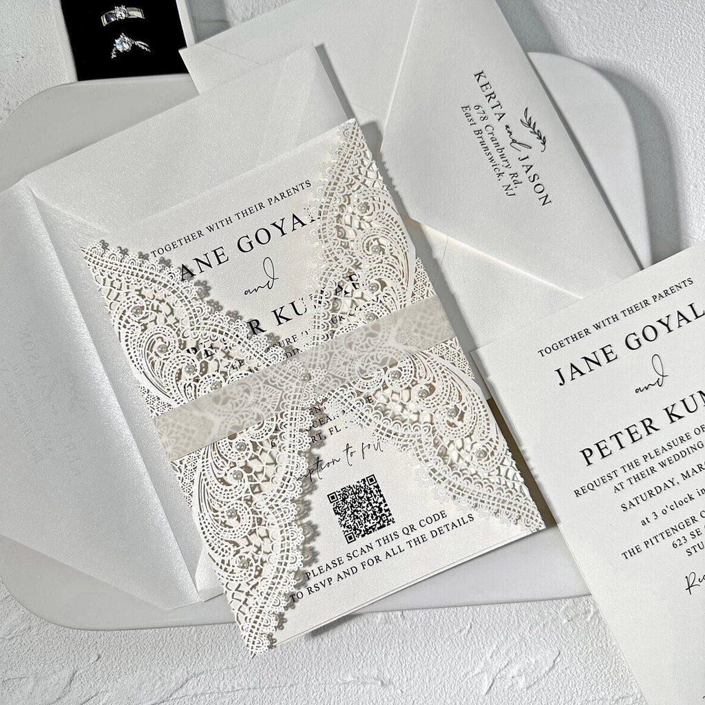 Elegant Ivory Pearl Lace Laser Cut Wedding Invitation, Vellum Belly Bands, QR Code Wedding Ceremony Supplies Picky Bride 