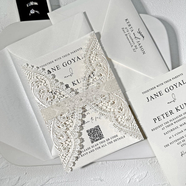 Elegant Ivory Pearl Lace Laser Cut Wedding Invitation, Vellum Belly Bands, QR Code Wedding Ceremony Supplies Picky Bride 