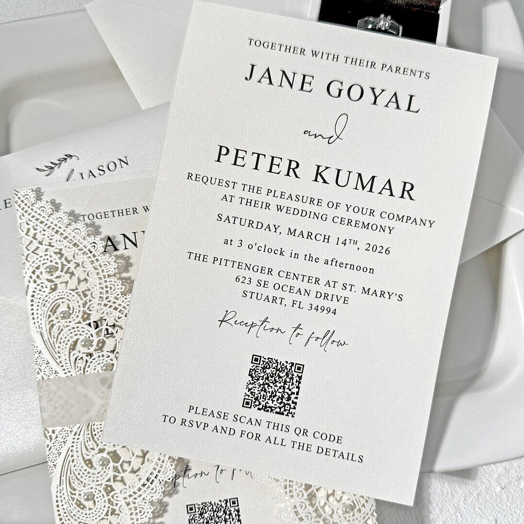 Elegant Ivory Pearl Lace Laser Cut Wedding Invitation, Vellum Belly Bands, QR Code Wedding Ceremony Supplies Picky Bride 